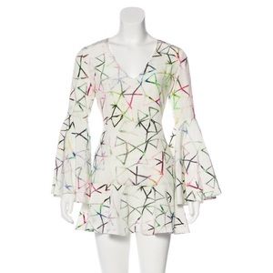 ALEXIS WATERCOLOR DEEP V BELL SLEEVE MINI DRESS L